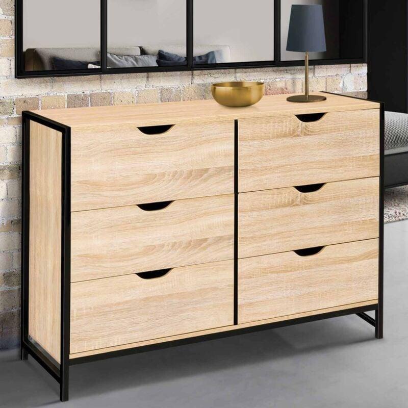Meşe ve Siyah Metal Detaylı 6 Çekmeceli Endüstriyel Tasarım Şifonyer - 115x39x75 cm - 123476