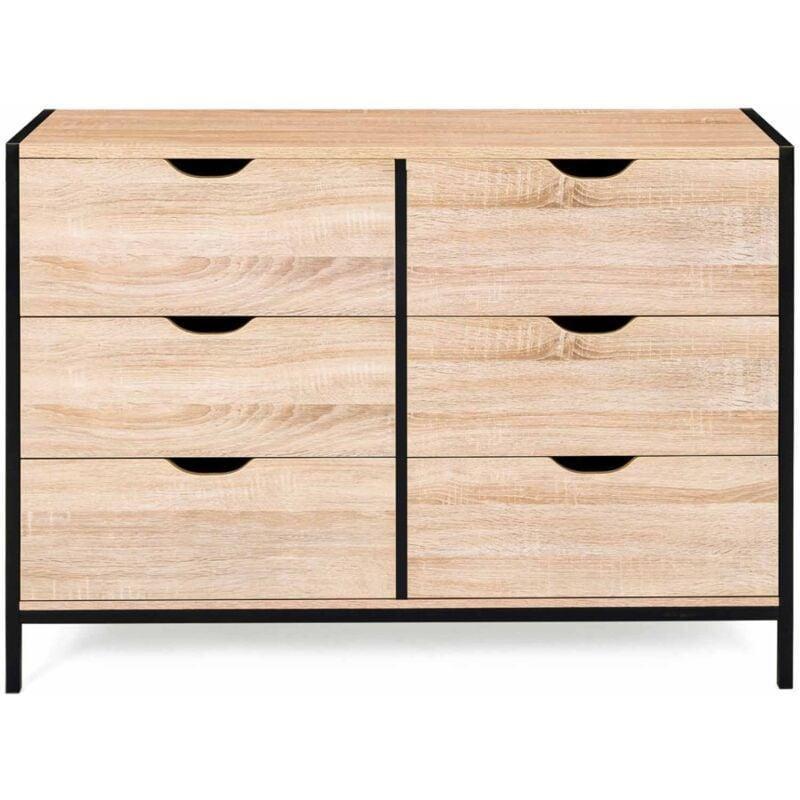 Meşe ve Siyah Metal Detaylı 6 Çekmeceli Endüstriyel Tasarım Şifonyer - 115x39x75 cm - 123476