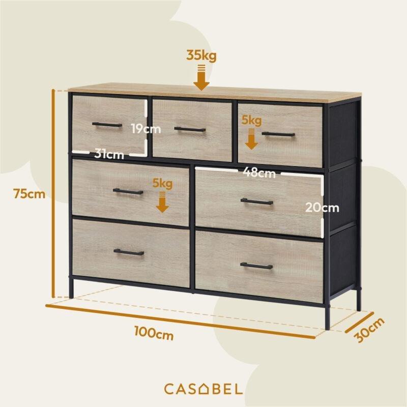 Meşe ve Siyah Metal İskeletli Ahşap Üst Tablalı 7 Kumaş Çekmeceli Şifonyer - 100x30x75 cm - 123344