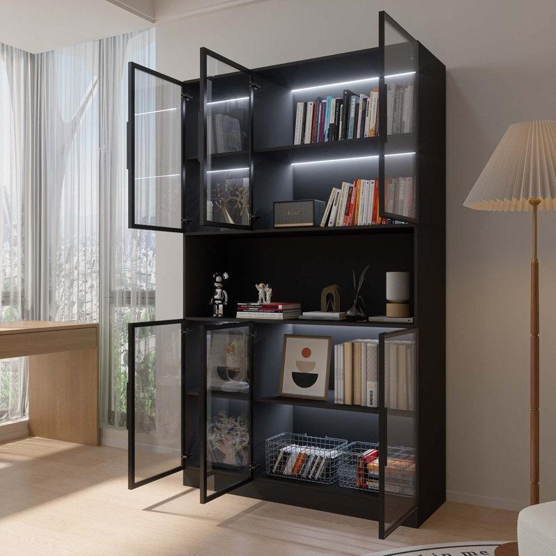 Metal Çerçeveli Endüstriyel Ahşap LED Işıklı 6 Cam Kapaklı 5 Raflı Kitaplık - 120x42x200 cm - 141547