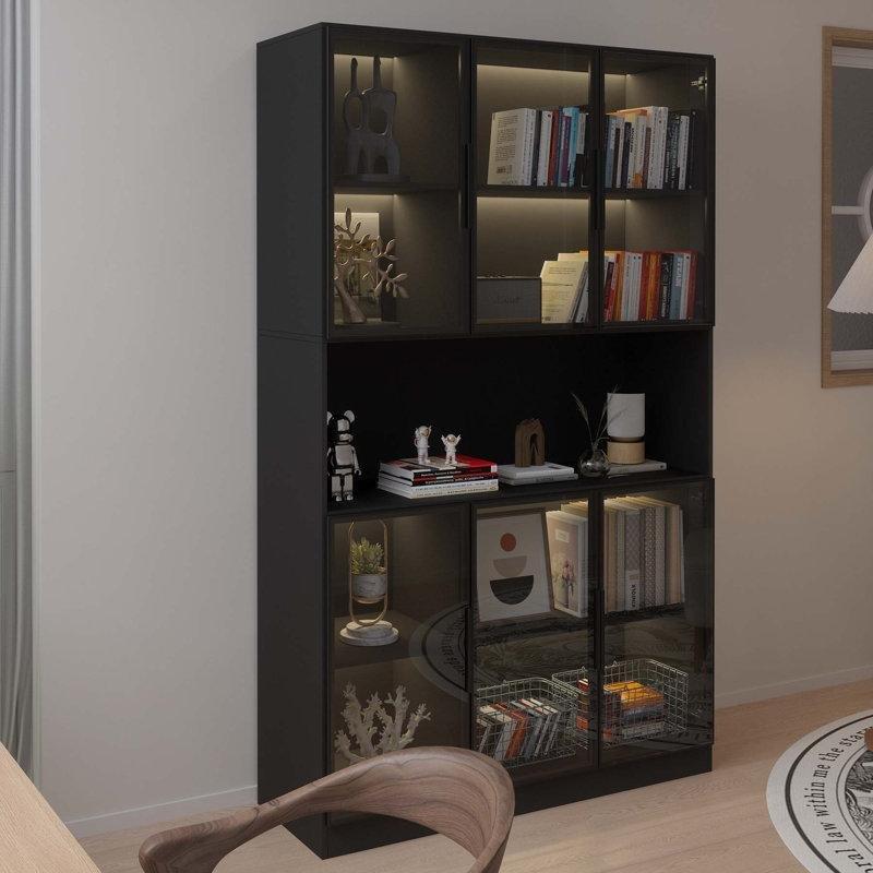 Metal Çerçeveli Endüstriyel Ahşap LED Işıklı 6 Cam Kapaklı 5 Raflı Kitaplık - 120x42x200 cm - 141547