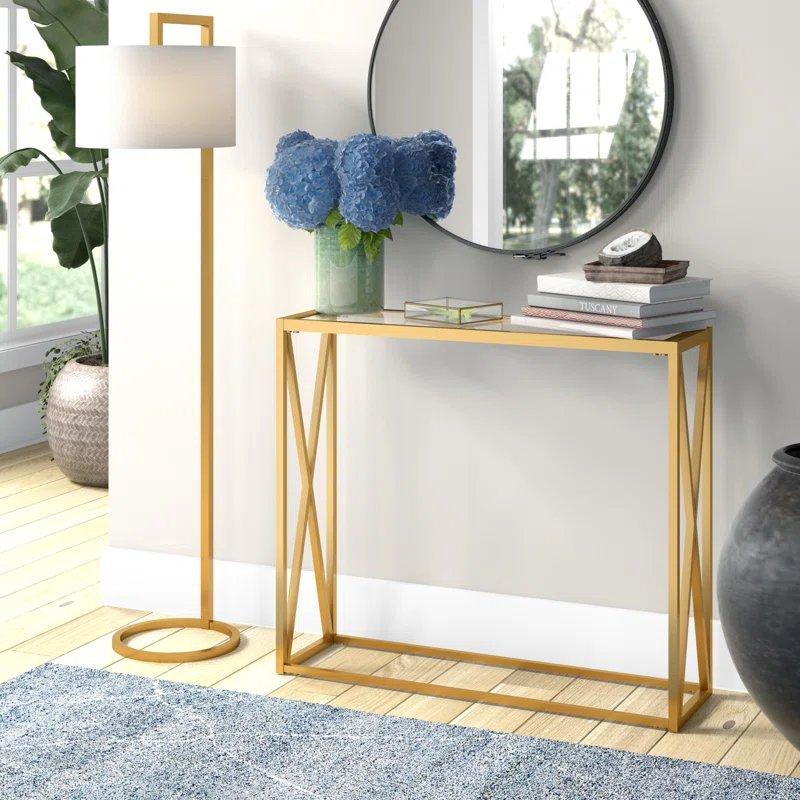Metal Temperli Cam Geometrik Tasarım Gold Dresuar - 92x26 cm - 131841