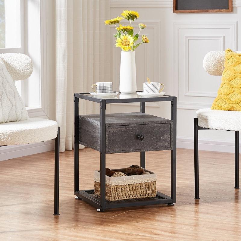 Metal ve Cam Tablalı Çekmeceli Komodin - 40x40x56 cm - 128101