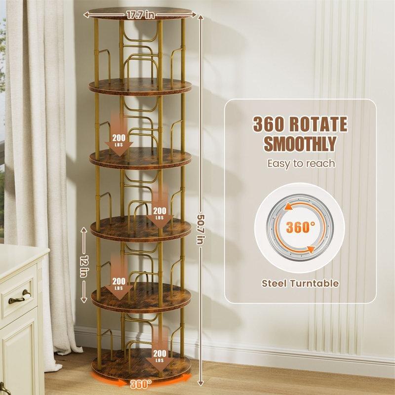 Metal ve Endüstriyel Ahşap 360 Derece Döner 5 Raflı Kitaplık - 129x45x45 cm - 141370