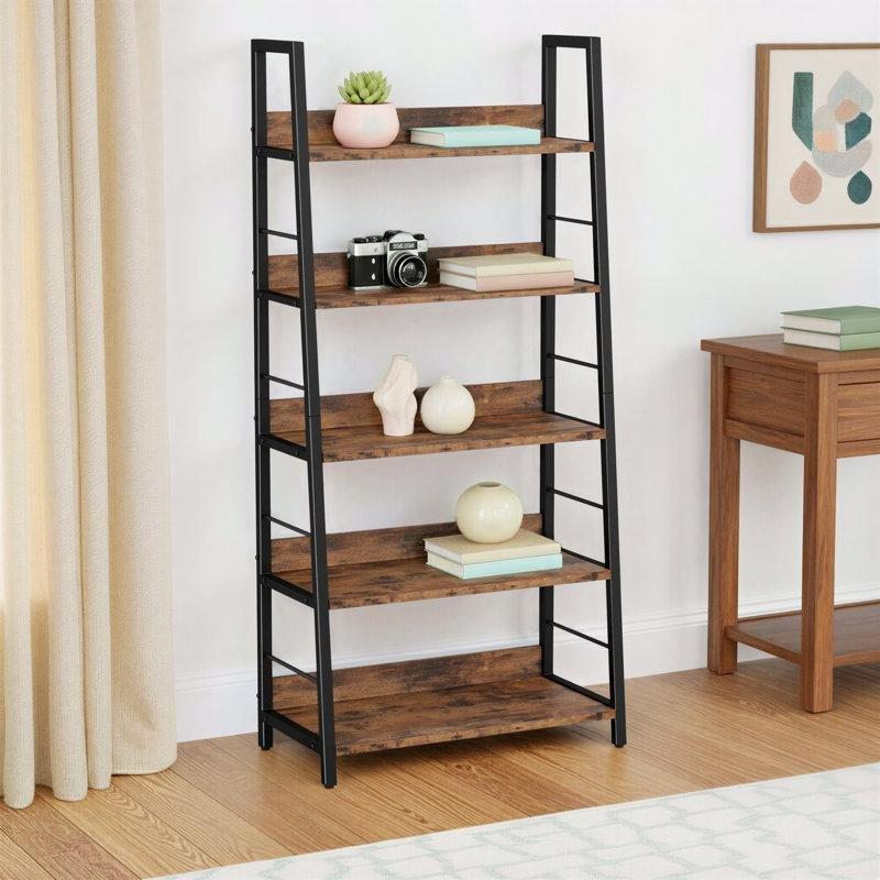 Metal ve Endüstriyel Ahşap 5 Raflı Merdiven Tasarımlı Kitaplık - 71x35x150 cm - 141994