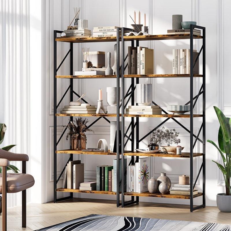 Metal ve Endüstriyel Ahşap 5 Raflı X Destekli 2li Set Kitaplık - 158x60x30 cm - 141310