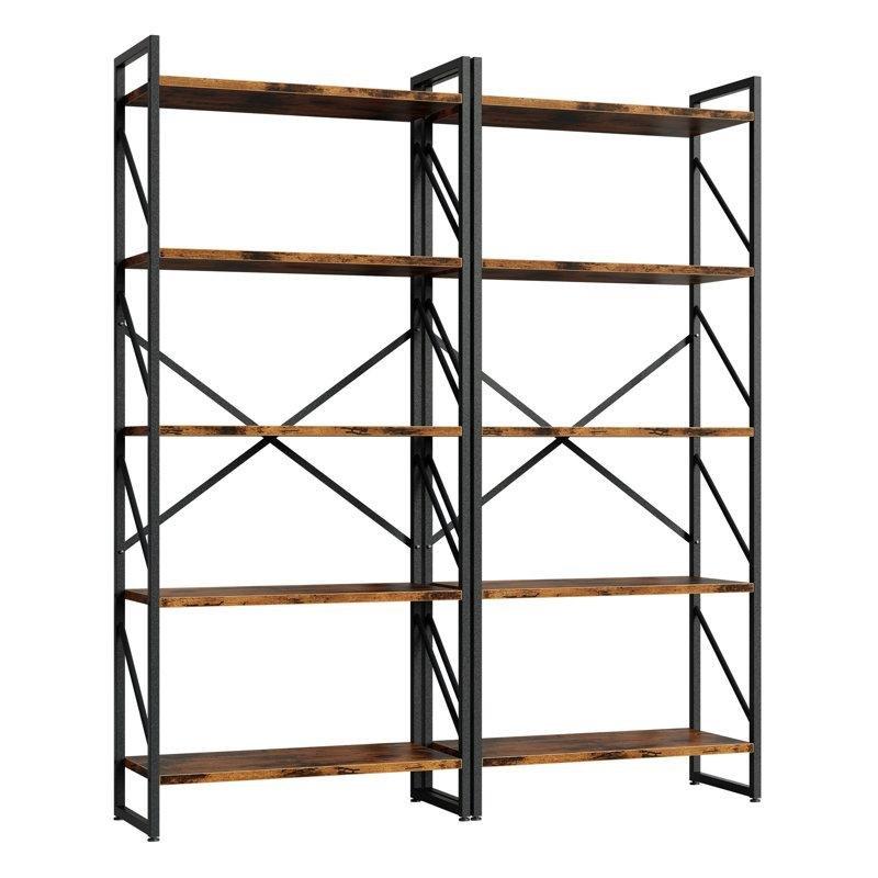 Metal ve Endüstriyel Ahşap 5 Raflı X Destekli 2li Set Kitaplık - 158x60x30 cm - 141310