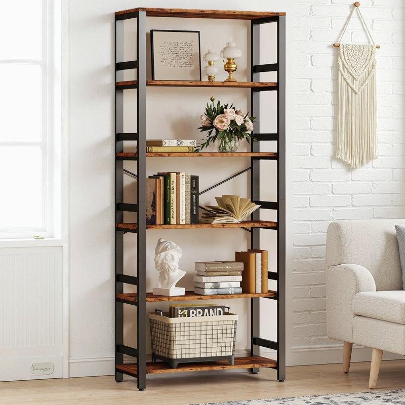 Metal ve Endüstriyel Ahşap 6 Raflı Çizilmeye Dayanıklı Merdiven Kitaplık - 80x33x199 cm - 142108