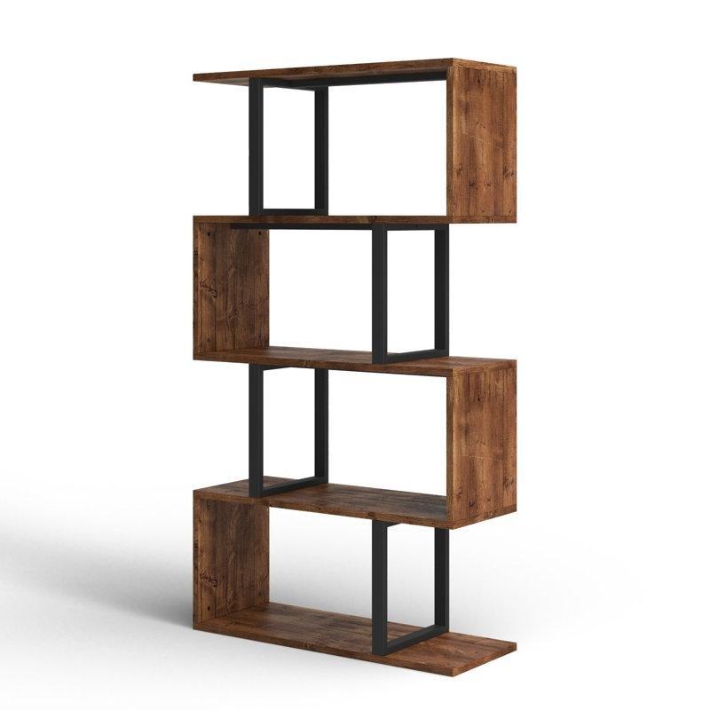 Metal ve Endüstriyel Ahşap Geometrik S Tasarım 5 Raflı Kitaplık - 143x80x30 cm - 141385