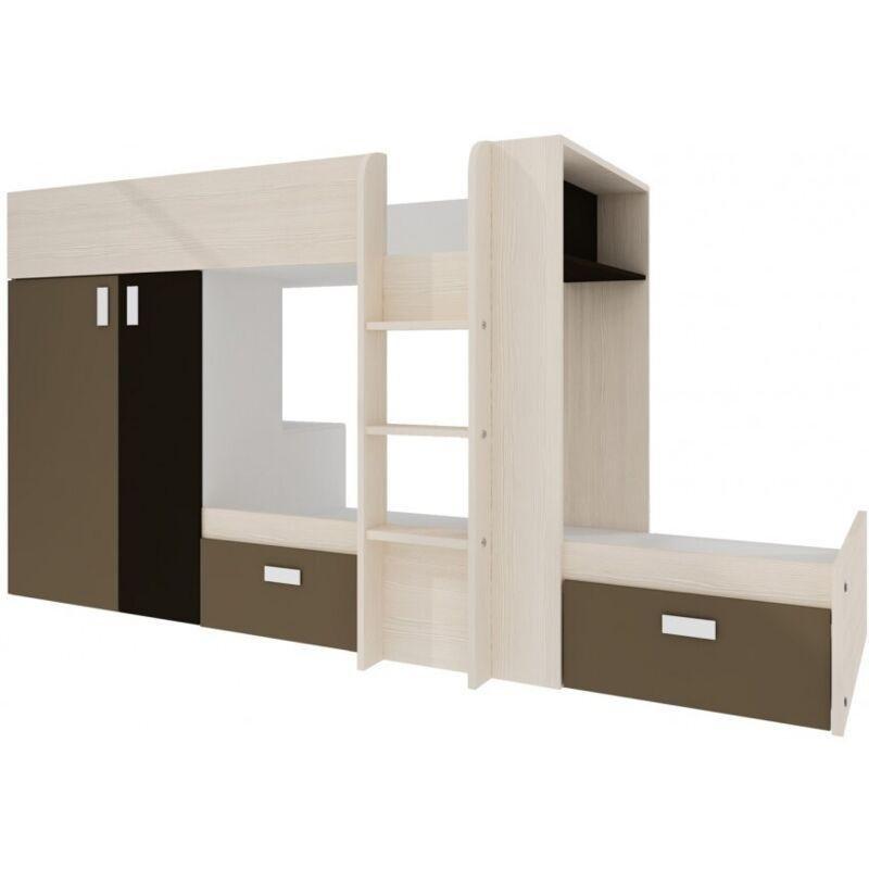Moka Meşe ve Beyaz Melamin Kaplı Dolaplı ve Çekmeceli Ranza - 90x190 cm - 125113