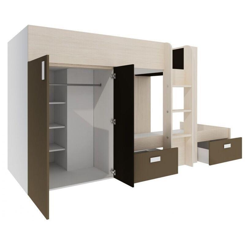 Moka Meşe ve Beyaz Melamin Kaplı Dolaplı ve Çekmeceli Ranza - 90x190 cm - 125113