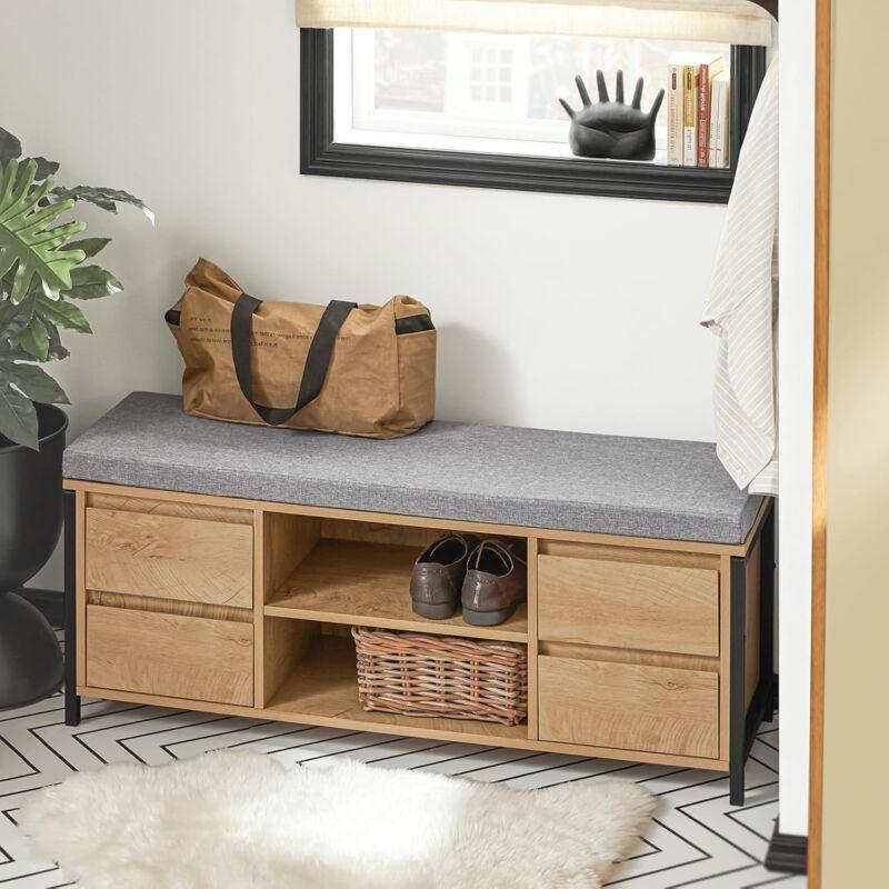 Naturel Siyah Ahşap ve Metal Minderli 4 Çekmeceli Ayakkabılık Bench - 110x35x45 cm - 120326