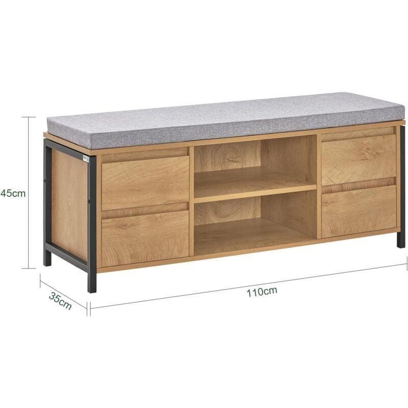 Naturel Siyah Ahşap ve Metal Minderli 4 Çekmeceli Ayakkabılık Bench - 110x35x45 cm - 120326