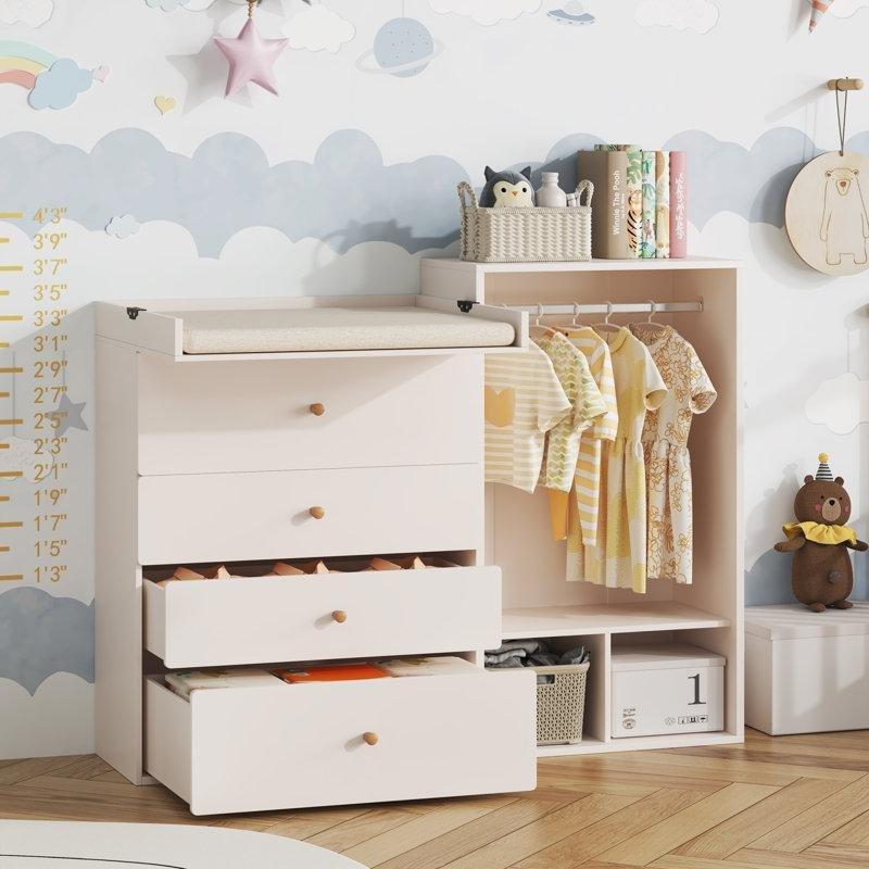 Nude Pembe MDF Alt Değiştirme Masalı ve Askılıklı Şifonyer - 150 cm - 122470