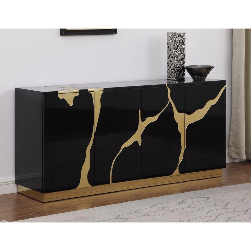 Parlak Lake Kaplama 4 Kapaklı Ayarlanabilir Raflı Gold Konsol - 168 cm - 129022