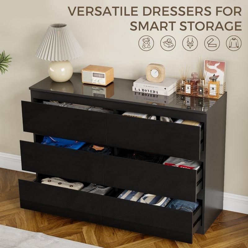 Parlak Siyah MDF Gizli Kulplu 6 Çekmeceli Şifonyer - 120x83 cm - 122983