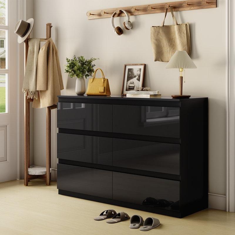 Parlak Siyah MDF Gizli Kulplu 6 Çekmeceli Şifonyer - 120x83 cm - 122983