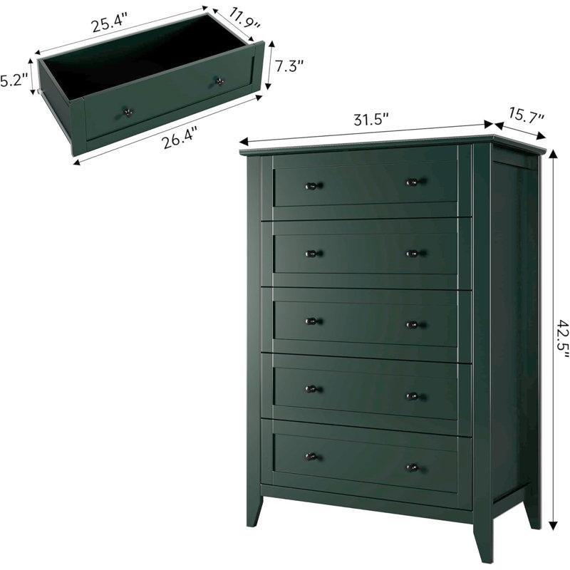 Parlak Yeşil Endüstriyel Ahşap 5 Çekmeceli Metal Kulplu Şifonyer - 80x40x108 cm - 124023