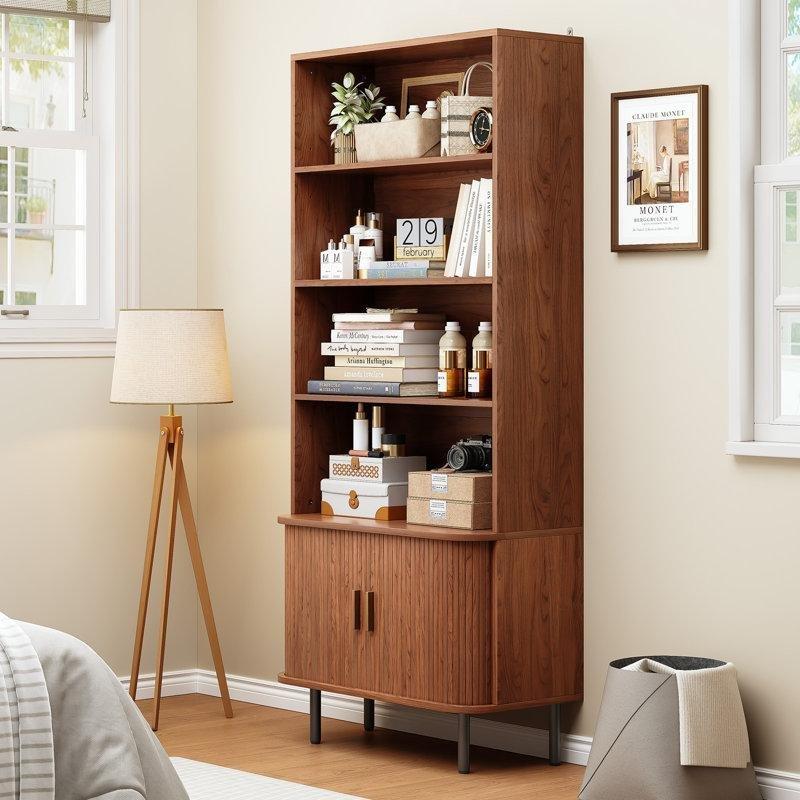 Parlak Yüzey Endüstriyel Ahşap Kapaklı ve Ayarlanabilir Raflı Kitaplık - 80x30x180 cm - 141649