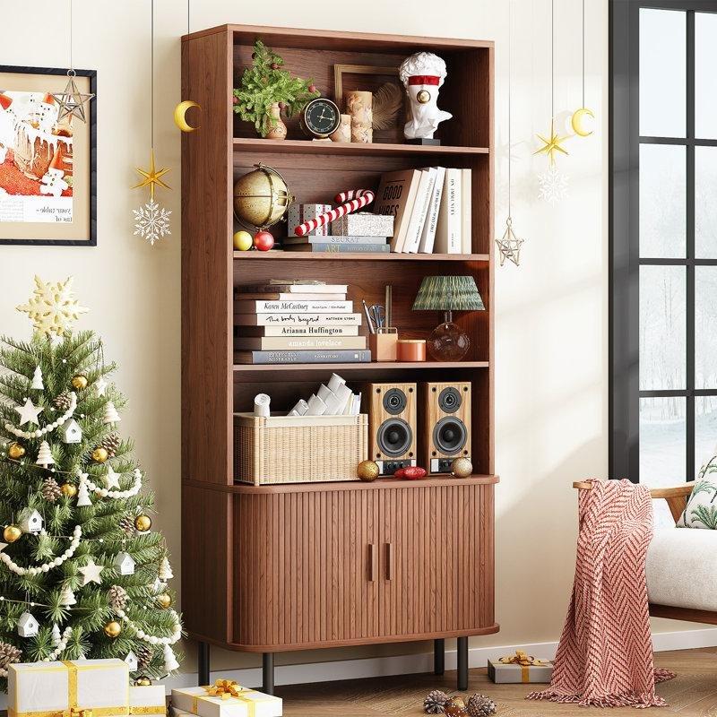 Parlak Yüzey Endüstriyel Ahşap Kapaklı ve Ayarlanabilir Raflı Kitaplık - 80x30x180 cm - 141649