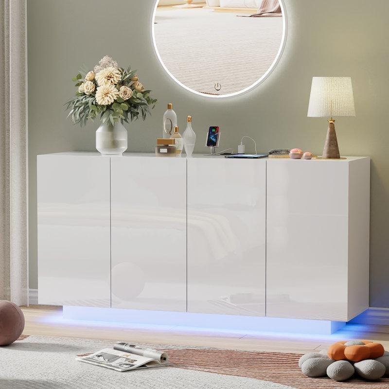 Parlak Yüzey Endüstriyel Ahşap LED Aydınlatmalı ve USB Girişli 4 Kapaklı Konsol - 148x75 cm - 128719