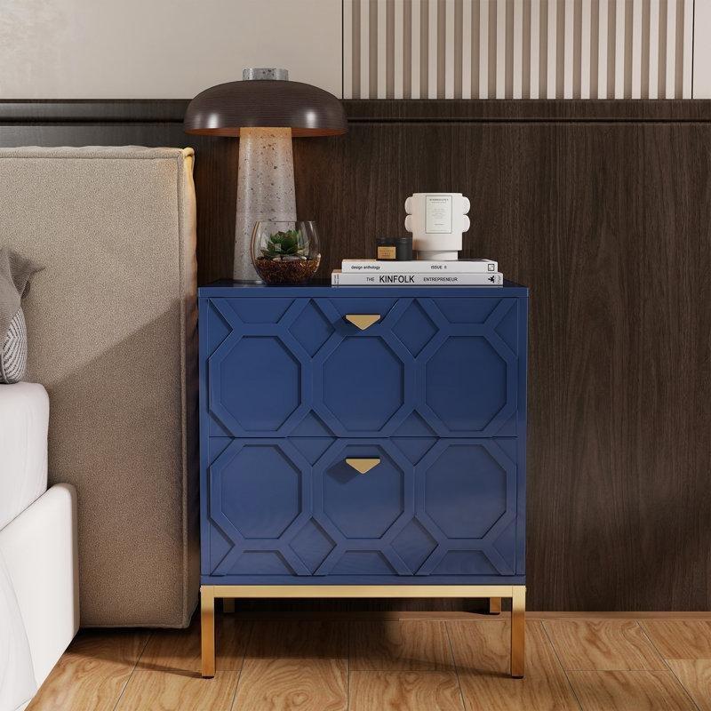 Parlak Yüzeyli Endüstriyel Ahşap Petek Dokulu Gold Detaylı Renkli Komodin - 128092