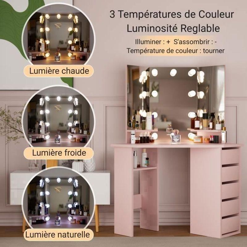 Pembe Ahşap 10 LED Işıklı 5 Çekmeceli Köşe Makyaj Masası - 112x50x143 cm - 122143