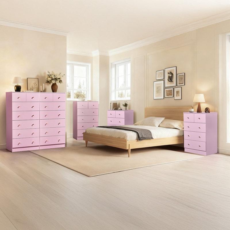 Pembe Ahşap 7 Çekmeceli Gold Kulp Detaylı Yüksek Şifonyer-67x41x131 cm - 122707