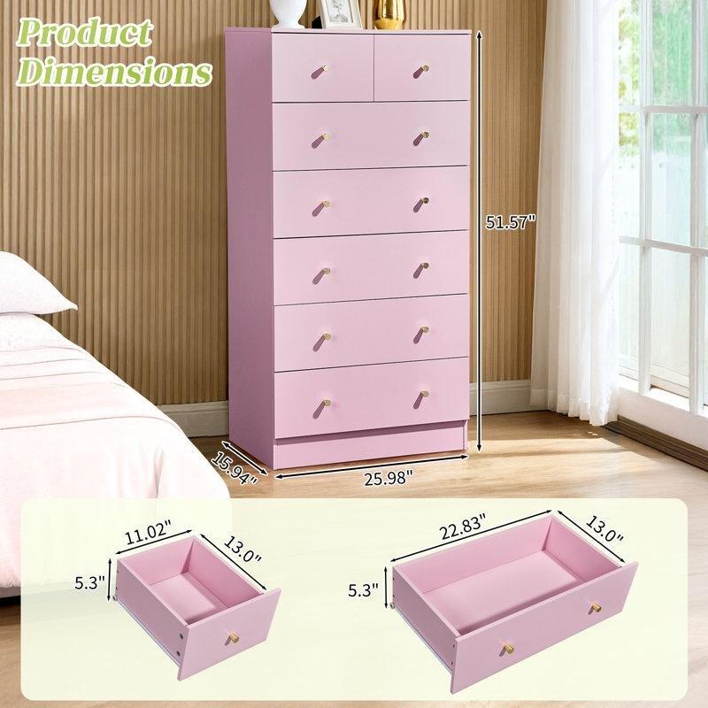 Pembe Ahşap 7 Çekmeceli Gold Kulp Detaylı Yüksek Şifonyer-67x41x131 cm - 122707