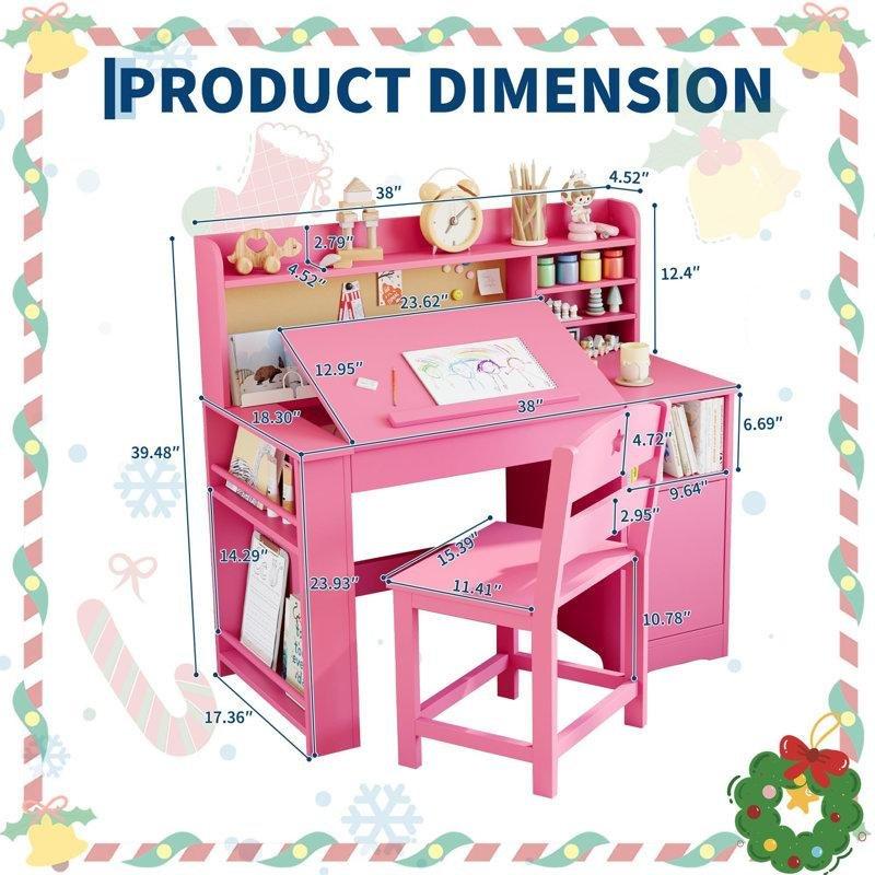 Pembe Ahşap Eğim Ayarlı Dolaplı Raflı Bilgisayar Masası-101x97x47 cm - 116391