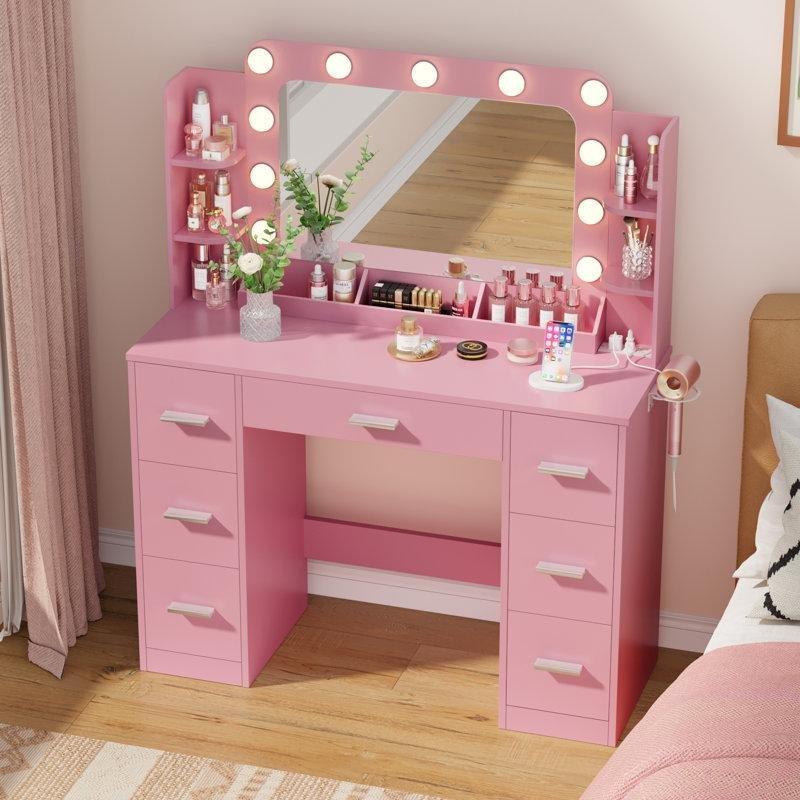 Pembe Endüstriyel Ahşap 3 Farklı Işık Modlu Priz ve USB Çıkışlı 7 Çekmeceli Makyaj Masası - 110 cm - 121699