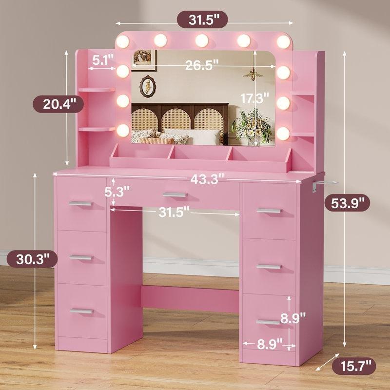 Pembe Endüstriyel Ahşap 3 Farklı Işık Modlu Priz ve USB Çıkışlı 7 Çekmeceli Makyaj Masası - 110 cm - 121699