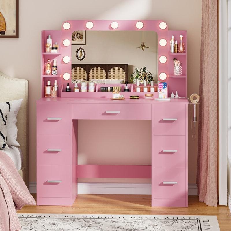 Pembe Endüstriyel Ahşap 3 Farklı Işık Modlu Priz ve USB Çıkışlı 7 Çekmeceli Makyaj Masası - 110 cm - 121699