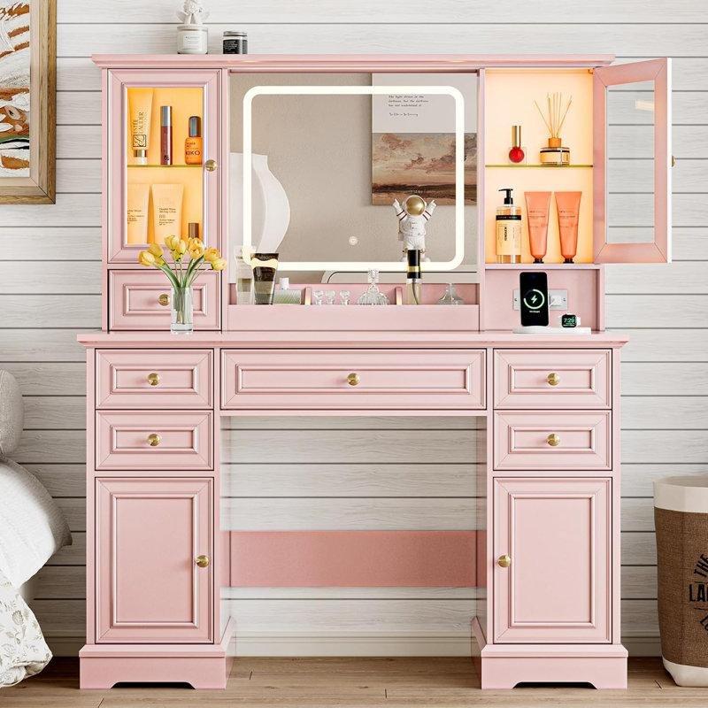 Pembe Endüstriyel Ahşap RGB Aydınlatmalı Ve Şarj İstasyonlu Makyaj Masası - 110x40x141 cm - 121516