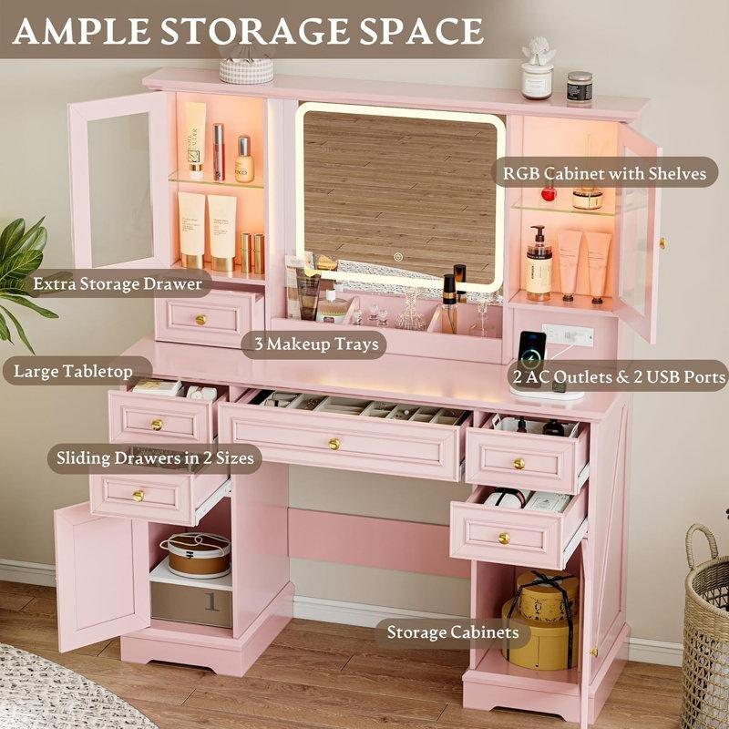 Pembe Endüstriyel Ahşap RGB Aydınlatmalı Ve Şarj İstasyonlu Makyaj Masası - 110x40x141 cm - 121516