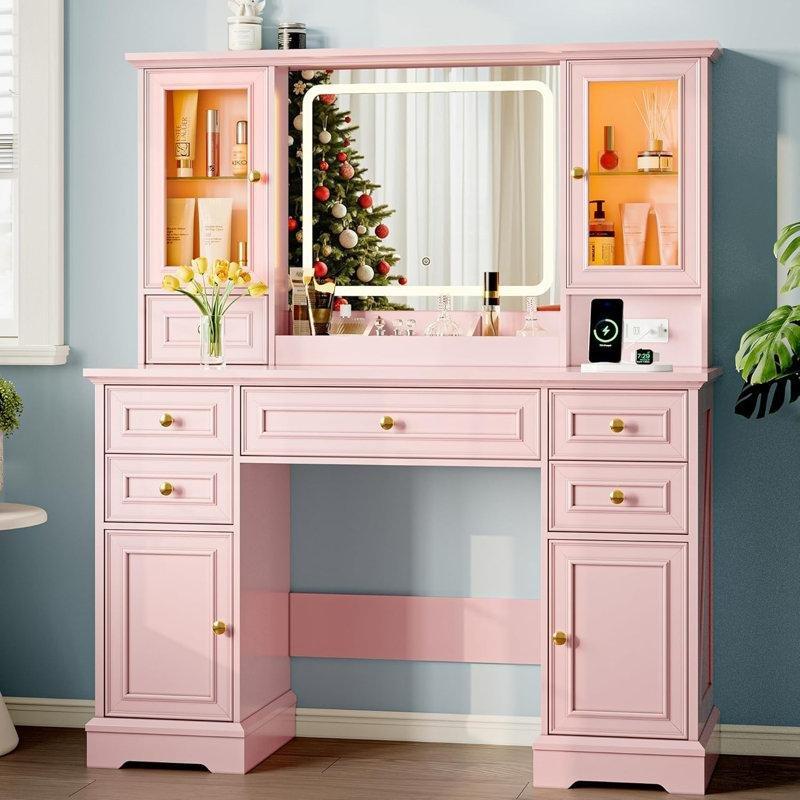 Pembe Endüstriyel Ahşap RGB Aydınlatmalı Ve Şarj İstasyonlu Makyaj Masası - 110x40x141 cm - 121516