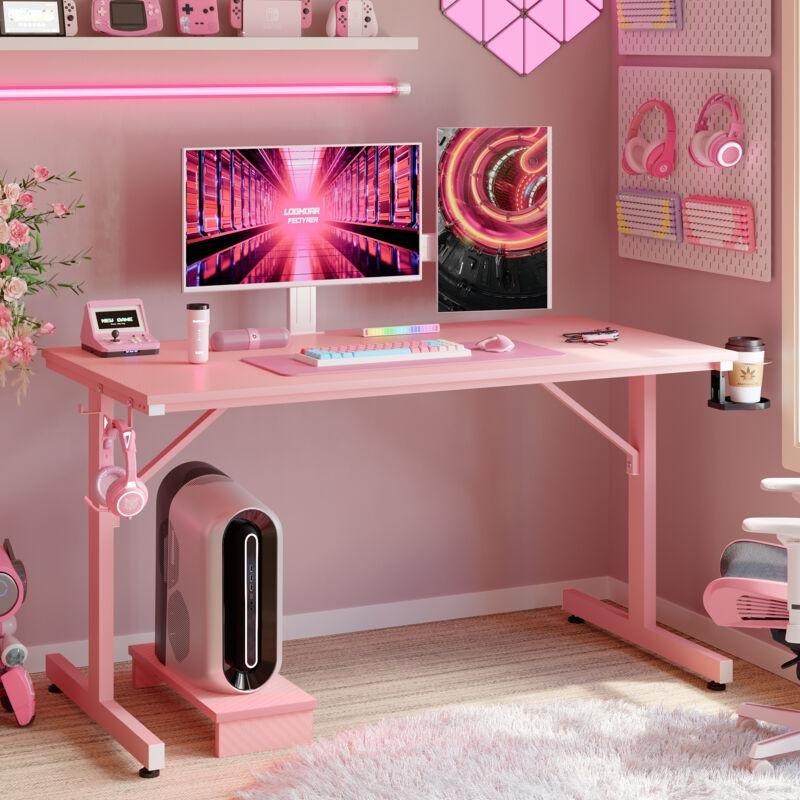 Pembe Karbon Fiber Ledli Ayarlanabilir Monitör Standlı Oyuncu Bilgisayar Masası-107x50x85 cm - 116117