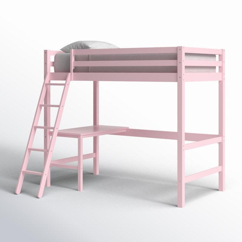 Pembe Masif Ahşap Çalışma Masalı Merdivenli Ranza - 106x204 cm - 124689