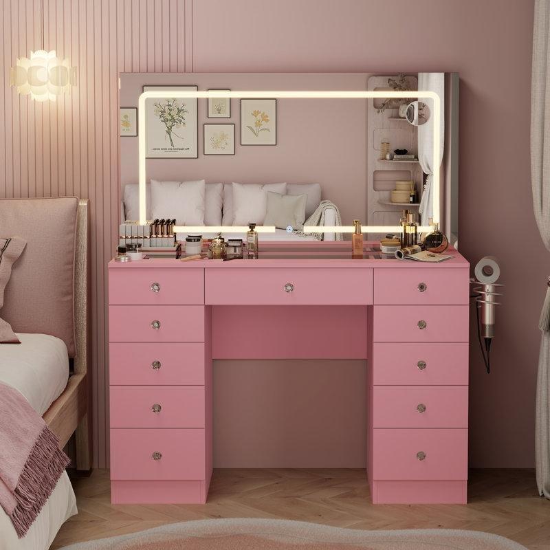Pembe MDF 11 Çekmeceli Işıklı Aynalı Cam Tablalı Makyaj Masası - 117x142 cm - 121525