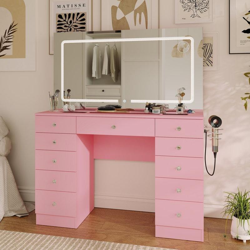 Pembe MDF 11 Çekmeceli Işıklı Aynalı Cam Tablalı Makyaj Masası - 117x142 cm - 121525