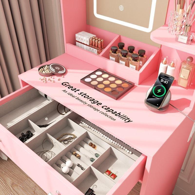 Pembe MDF LED Işıklı Aynalı Priz ve USB Çıkışlı Raflı Çekmeceli Makyaj Masası - 60x132 cm - 121711