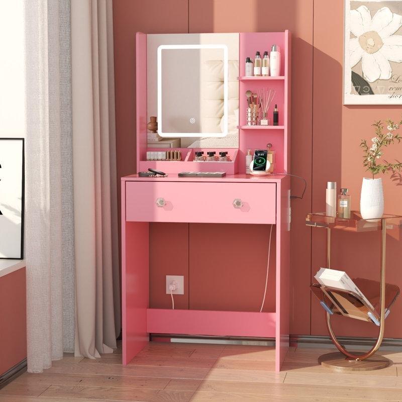 Pembe MDF LED Işıklı Aynalı Priz ve USB Çıkışlı Raflı Çekmeceli Makyaj Masası - 60x132 cm - 121711