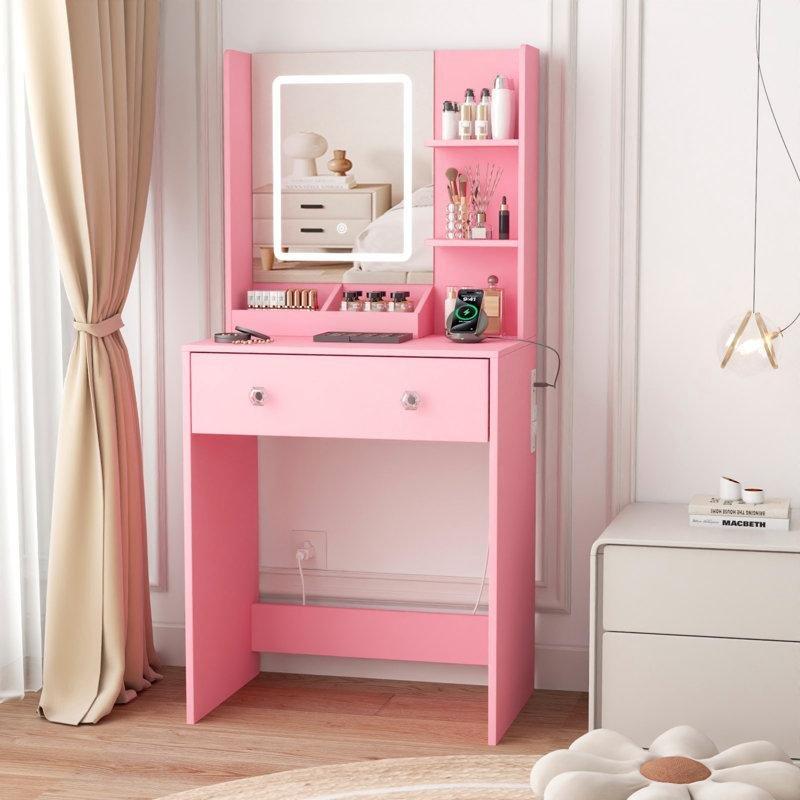 Pembe MDF LED Işıklı Aynalı Priz ve USB Çıkışlı Raflı Çekmeceli Makyaj Masası - 60x132 cm - 121711