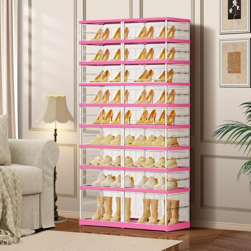 Pembe PP Plastik 9 Katlı Katlanabilir Şeffaf Kapaklı Plastik Ayakkabılık - 87x35x170 cm - 121081