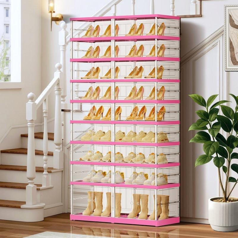 Pembe PP Plastik 9 Katlı Katlanabilir Şeffaf Kapaklı Plastik Ayakkabılık - 87x35x170 cm - 121081