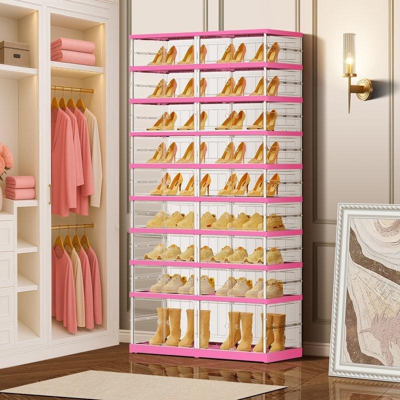 Pembe PP Plastik 9 Katlı Katlanabilir Şeffaf Kapaklı Plastik Ayakkabılık - 87x35x170 cm - 121081