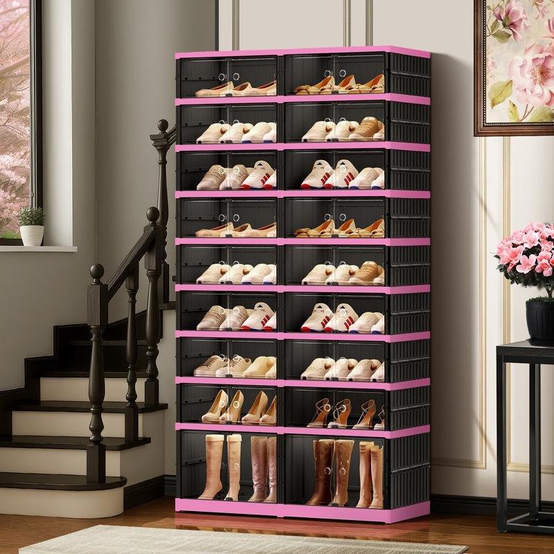 Pembe Siyah 9 Katlı Katlanabilir Tekerlekli Plastik Ayakkabılık - 87x35x170 cm - 121069