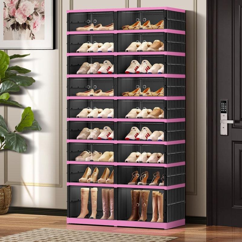Pembe Siyah 9 Katlı Katlanabilir Tekerlekli Plastik Ayakkabılık - 87x35x170 cm - 121069