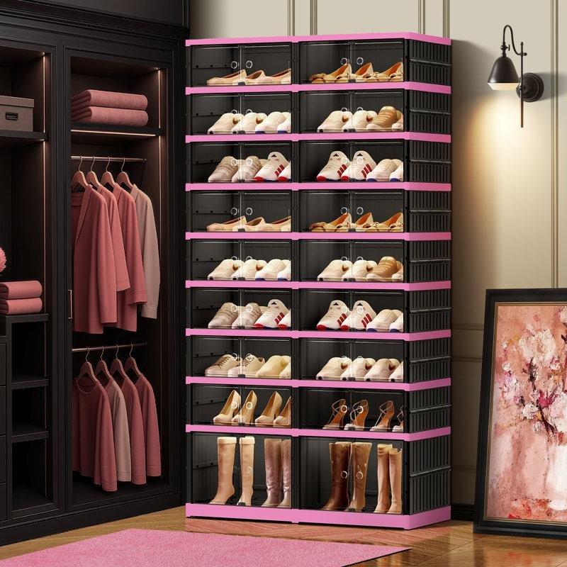 Pembe Siyah 9 Katlı Katlanabilir Tekerlekli Plastik Ayakkabılık - 87x35x170 cm - 121069