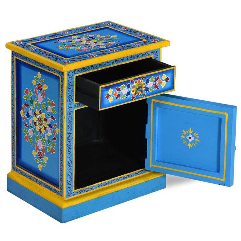 Pembe Tabanlı Masif Mango Ağacı El Boyaması Renkli Komodin - 40x30x51 cm - 128080